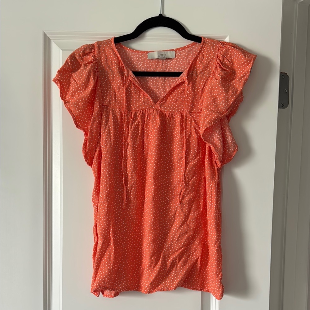 LOFT Coral Dot Ruffle Sleeve Blouse